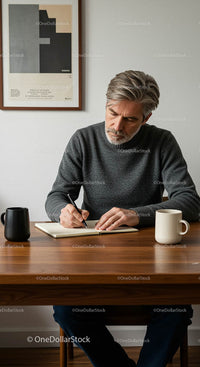 Mature Man Writing in Notebook at Minimalist Desk
