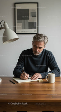 Mature Man Writing Notes in a Modern Home Office