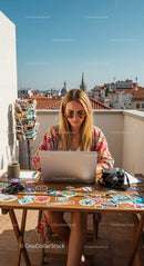 Woman Working on Laptop at Sunny Rooftop Terrace