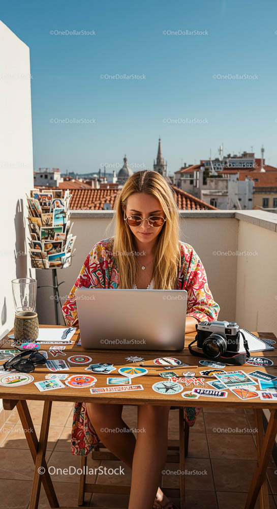 Kobieta pracująca na laptopie na tarasie Sunny Rooftop