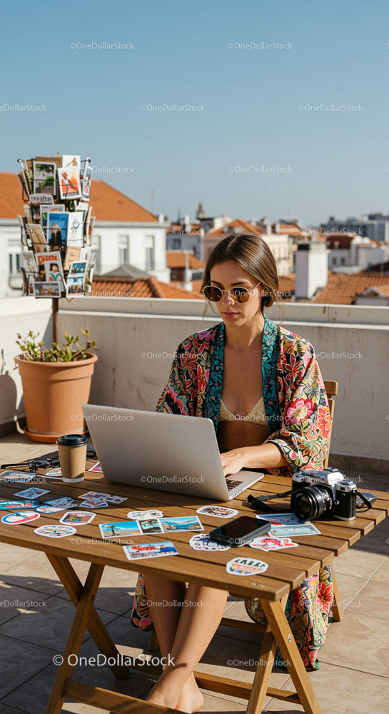 Freelancer na tarasie na dachu pracujący na laptopie