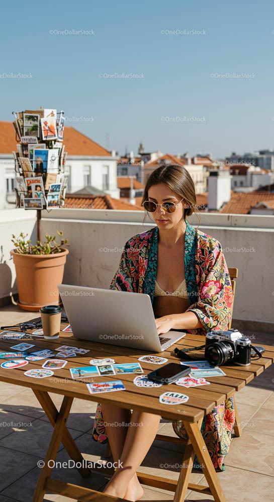 Freelancer na tarasie na dachu pracujący na laptopie