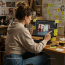 Female Animator Working on Digital Character Design at Home