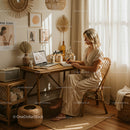 Woman in a Bohemian Home Office with Wicker Decor