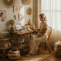 Woman in a Bohemian Home Office with Wicker Decor