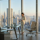 Businesswoman Reviewing Documents in Modern Office with City View