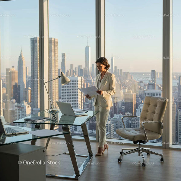 Businesswoman Reviewing Documents in Modern Office with City View