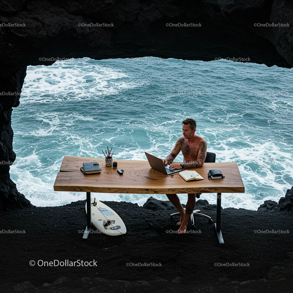 Praca zdalna z widokiem na ocean z biura Beach Cave
