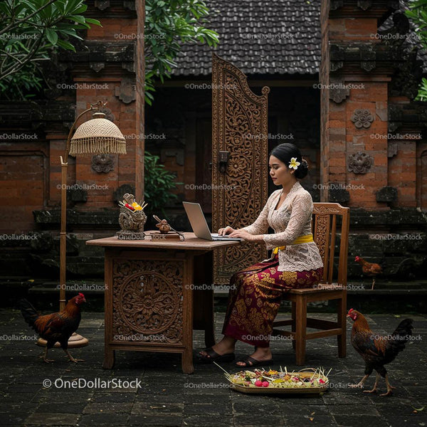 Woman in Traditional Attire Working Outdoors on Laptop