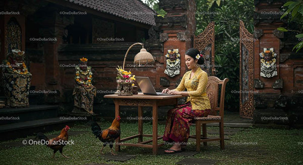Woman in Traditional Balinese Attire Working Outdoors