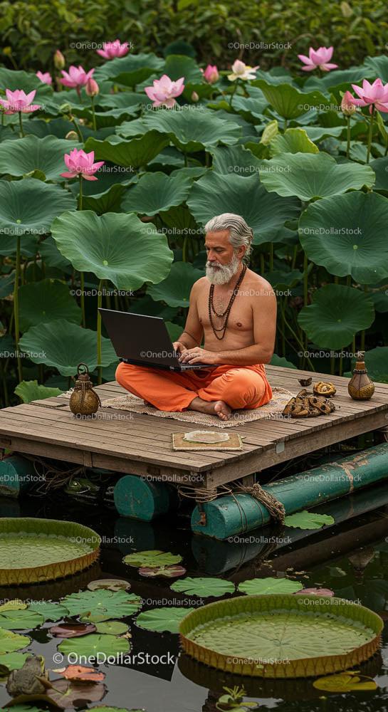 Man Meditating on Raft in Lotus Pond with Laptop