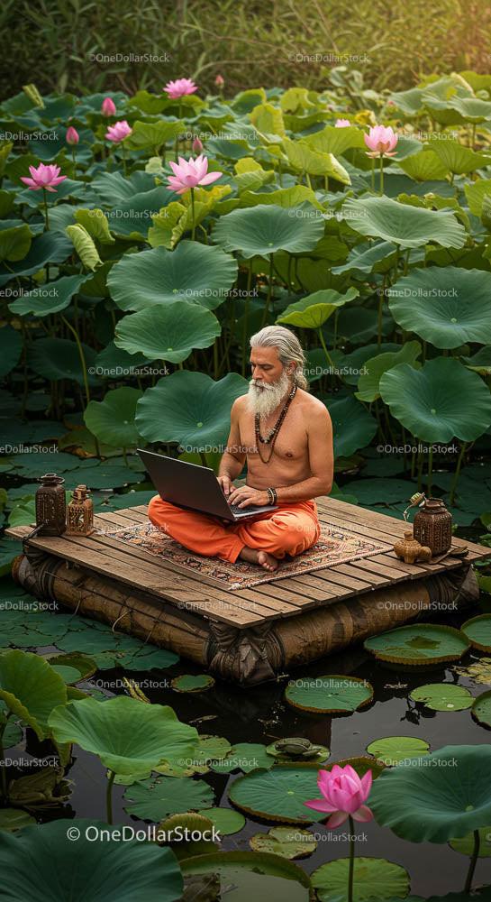Meditating Man on Floating Platform Surrounded by Lotus Flowers