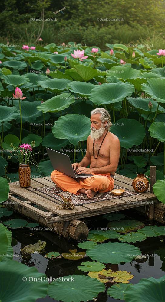 Serene Meditation in Lotus Pond with Laptop