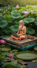 Elderly Man Meditating with Laptop in Lotus Pond