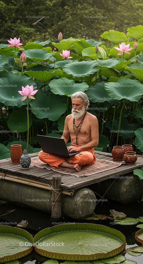 Meditative Elder Using Laptop Amidst Blooming Lotus Flowers