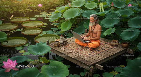 Elderly Man Meditating with Laptop by a Lotus Pond
