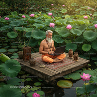 Man Meditating with Laptop on Lotus Pond Platform