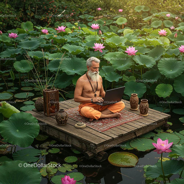 Man Meditating with Laptop on Lotus Pond Platform