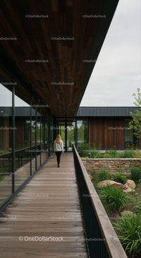 Modern Wooden Walkway in a Contemporary Office Setting
