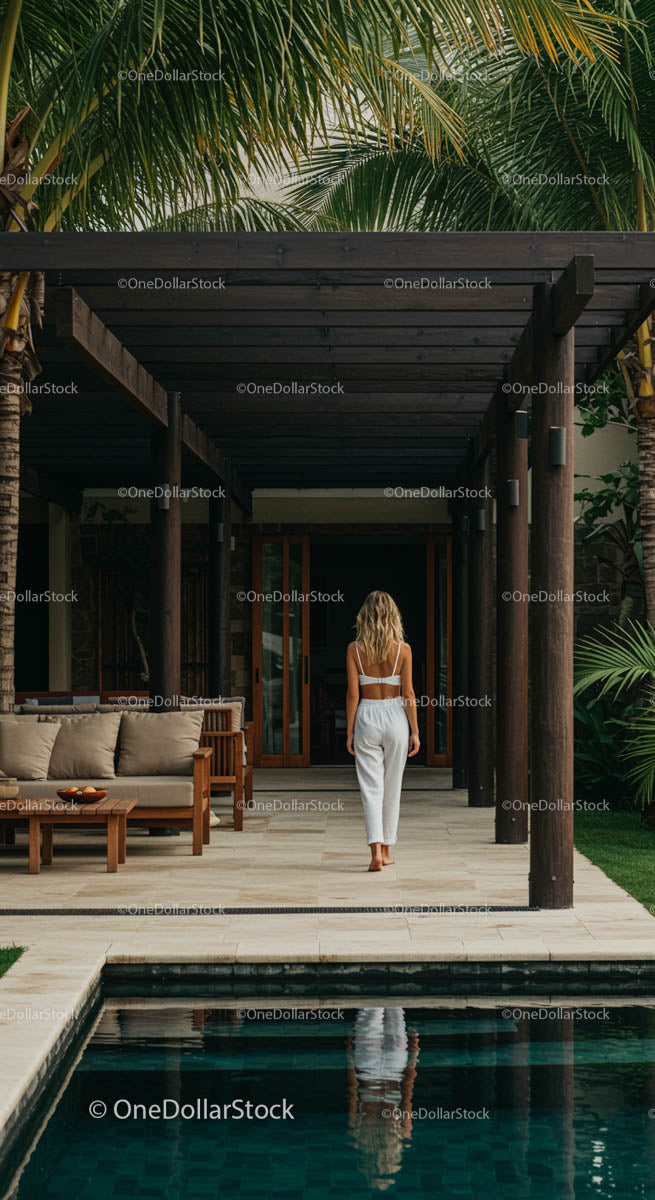 Woman Walking in Tropical Villa with Palm Trees and Pool