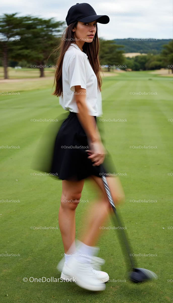 Woman Golfer in Motion on Lush Green Course