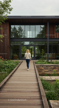 Modern Building with Wooden Walkway and Greenery