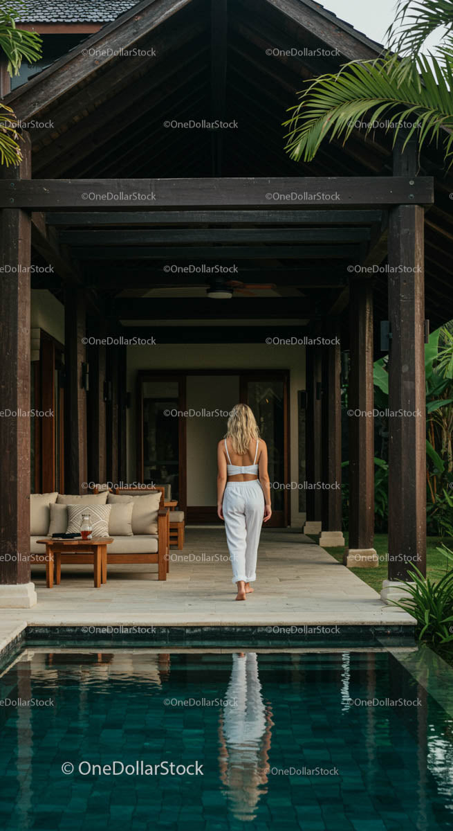 Relaxed Walk by the Pool at a Tropical Villa Retreat