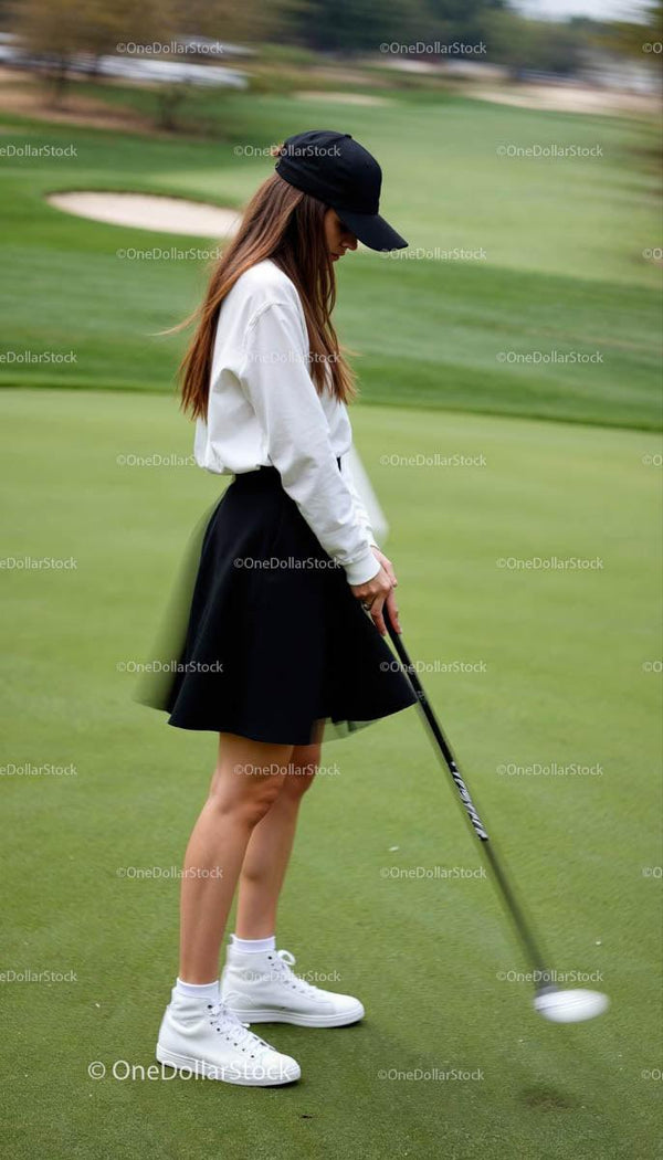Young Woman Focusing on Putting at Golf Course