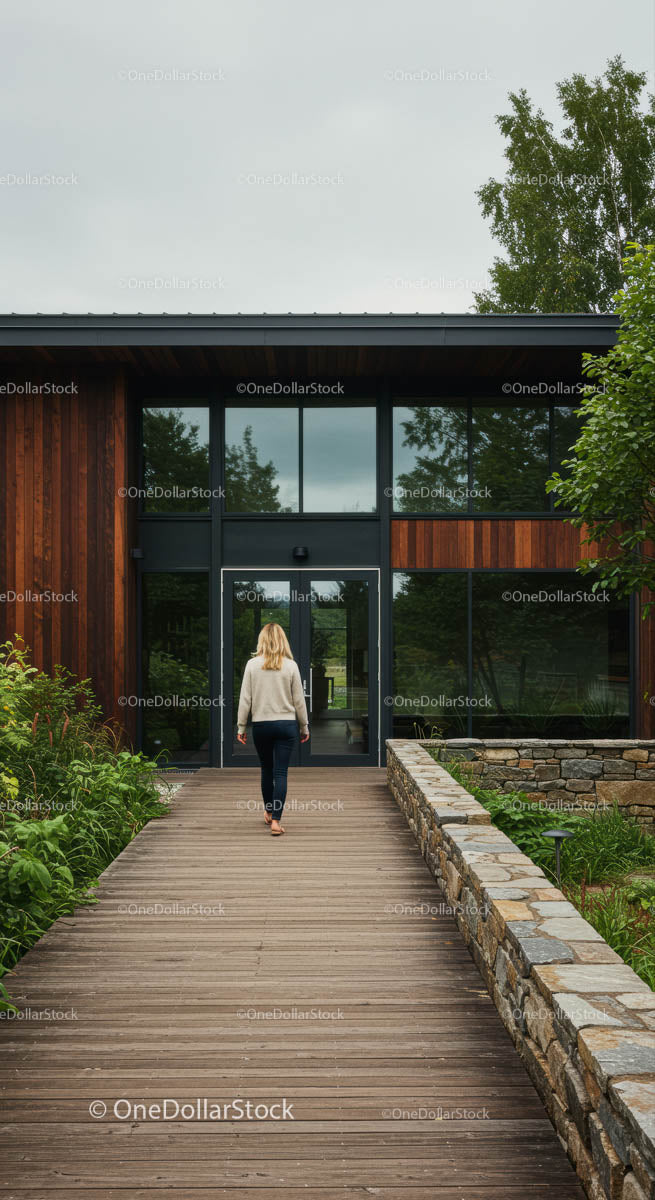 Modern Home with Glass Windows and Wooden Facade