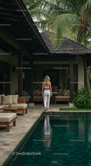 Woman Relaxing by a Tropical Villa Poolside