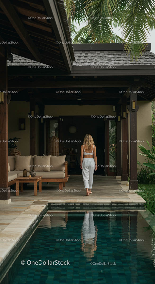 Woman in White Walking at Luxury Villa by Pool