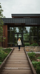 Modern Office Building with Wooden Exterior and Lush Garden