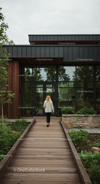 Modern Office Building with Wooden Exterior and Lush Garden