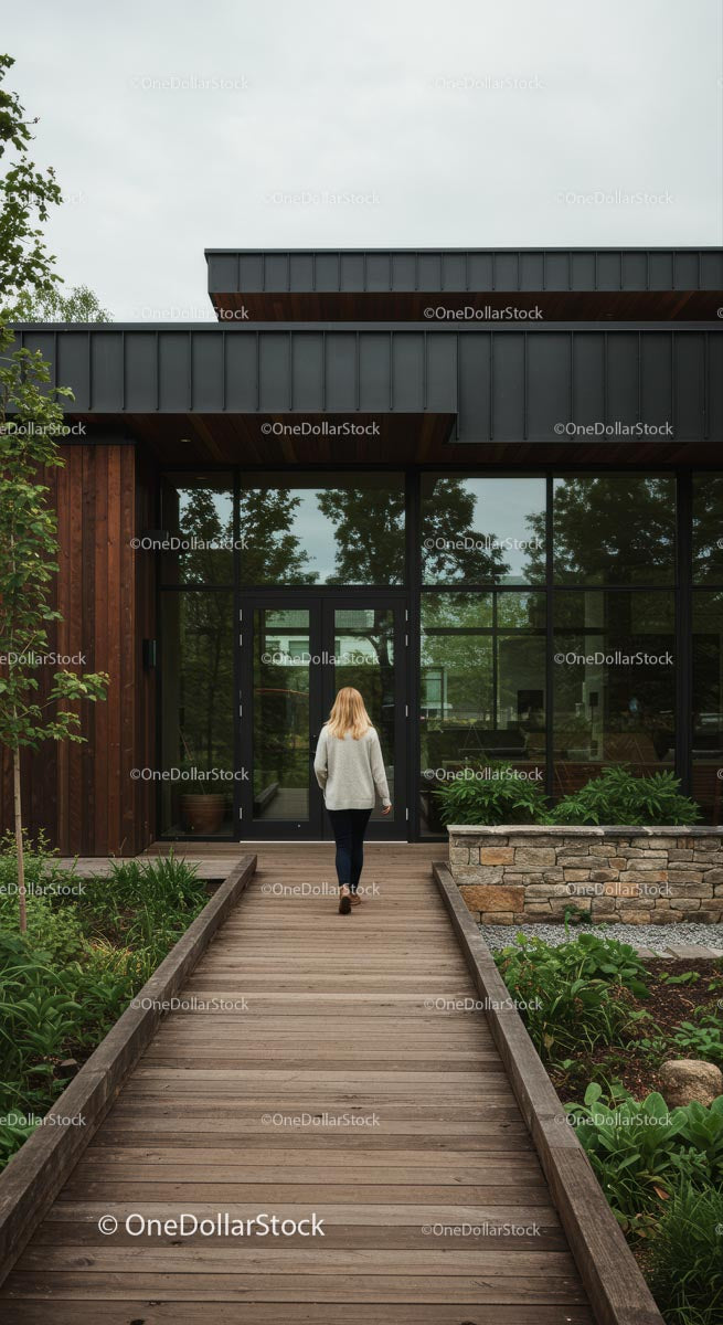 Modern Office Building with Wooden Exterior and Lush Garden