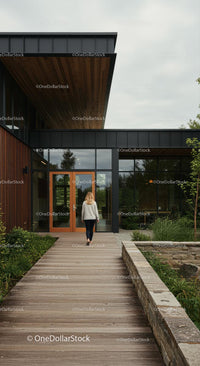 Modern Office Building with Wooden Exterior and Lush Garden