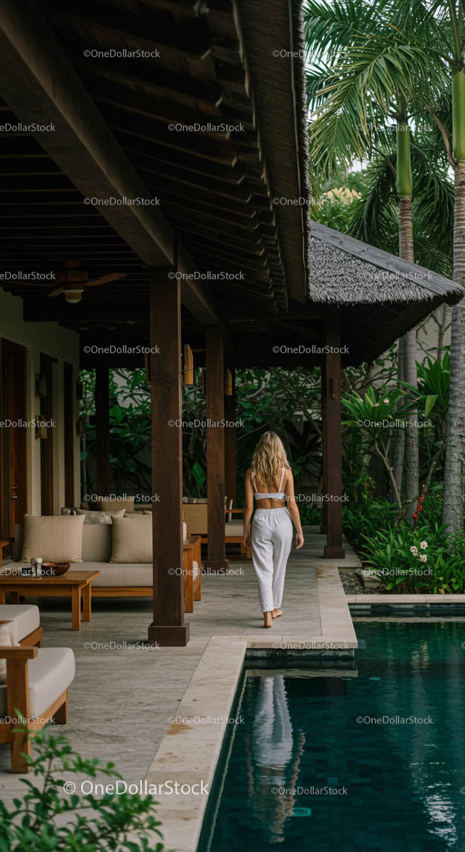 Woman Walking at Luxury Tropical Villa with Poolside View