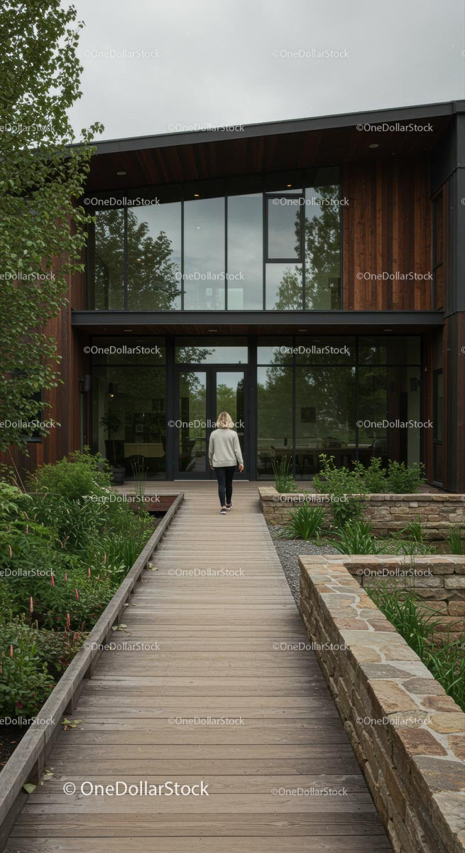 Modern Office Building with Wooden Exterior and Lush Garden