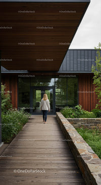 Modern Wooden Pathway Leading to Glass Entrance
