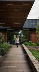 Modern Office Building with Wooden Exterior and Lush Garden