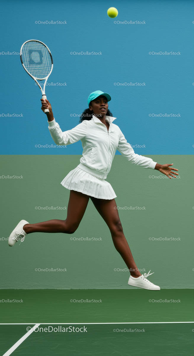 Energetic Female Tennis Player in Action Mid-Jump