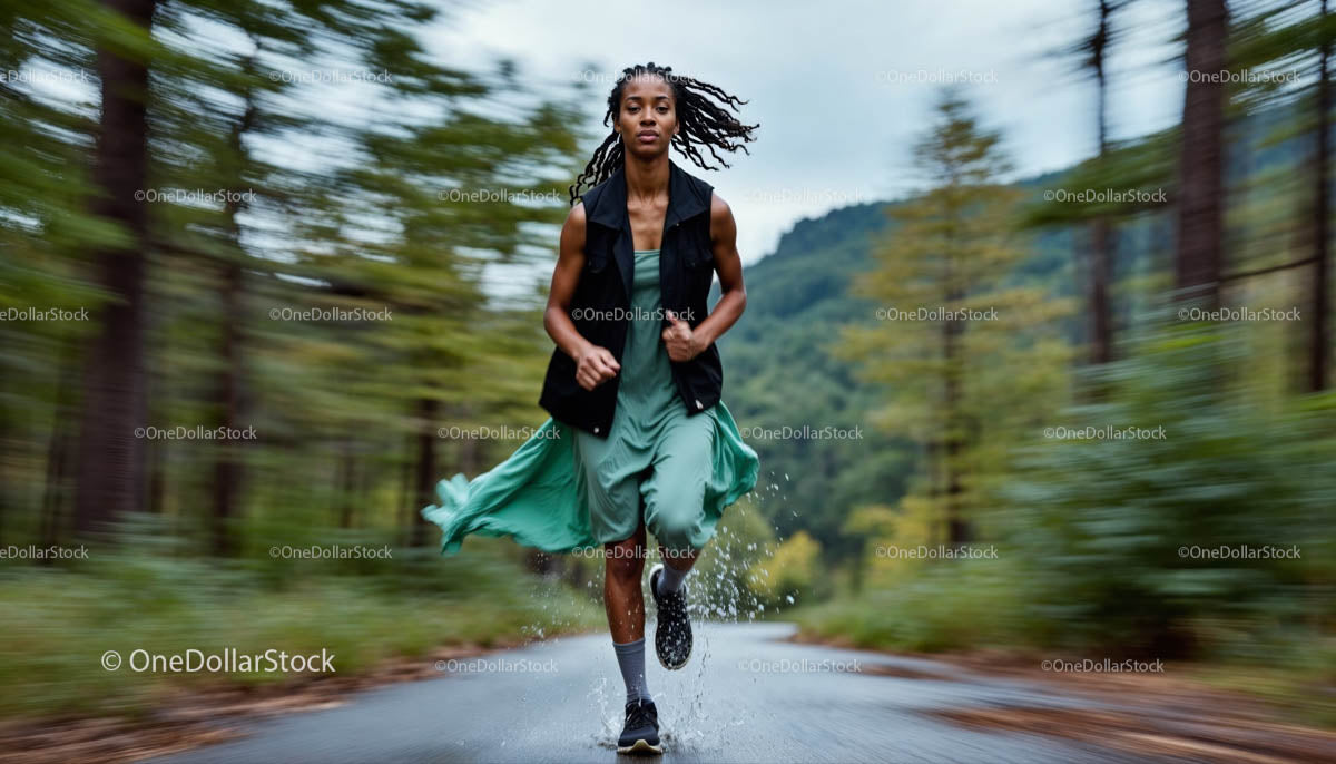Athletic Woman Running Through Lush Forest Trail