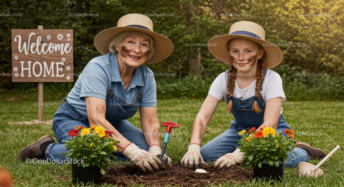 Grandmother and Granddaughter Planting Marigolds in the Garden