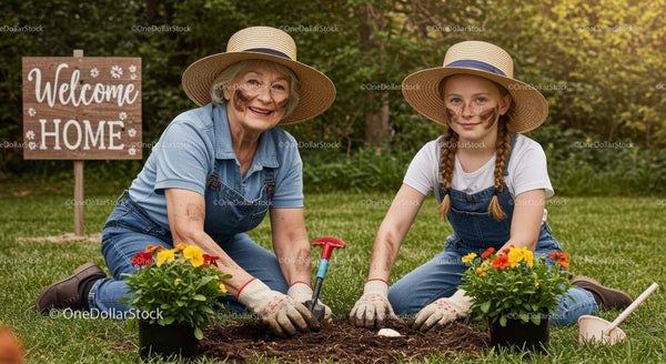 Grandmother and Granddaughter Planting Marigolds in the Garden