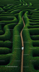 Aerial View of Solitary Woman Walking Through Green Maze