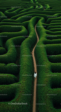 Aerial View of Solitary Woman Walking Through Green Maze