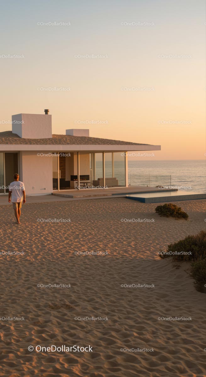 Modern Beachfront House at Sunset with Ocean View