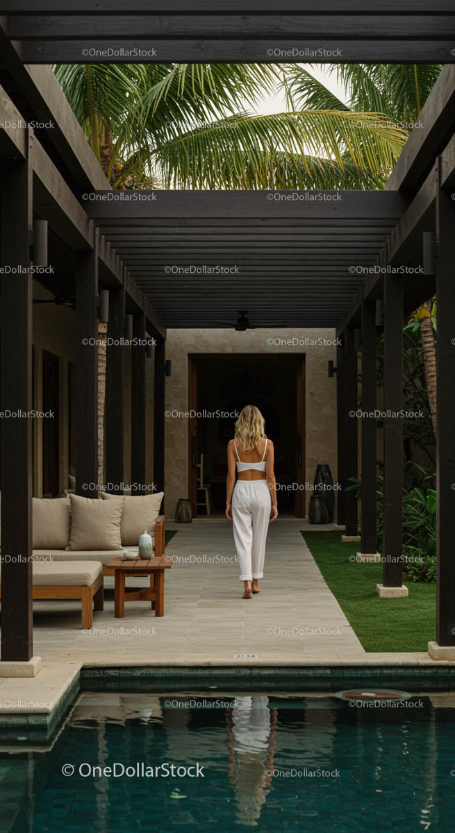 Woman Walking in Tropical Villa with Palm Trees and Pool