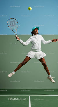 Dynamic Female Tennis Player Mid-Air with Racket