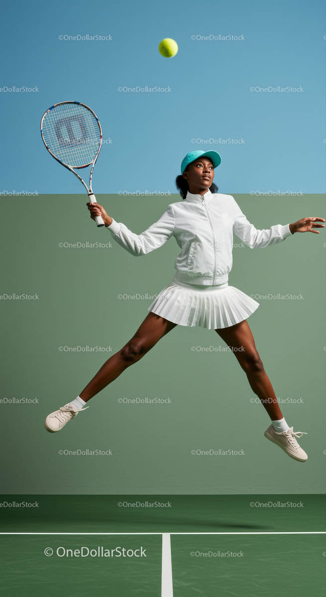 Dynamic Female Tennis Player Mid-Air with Racket