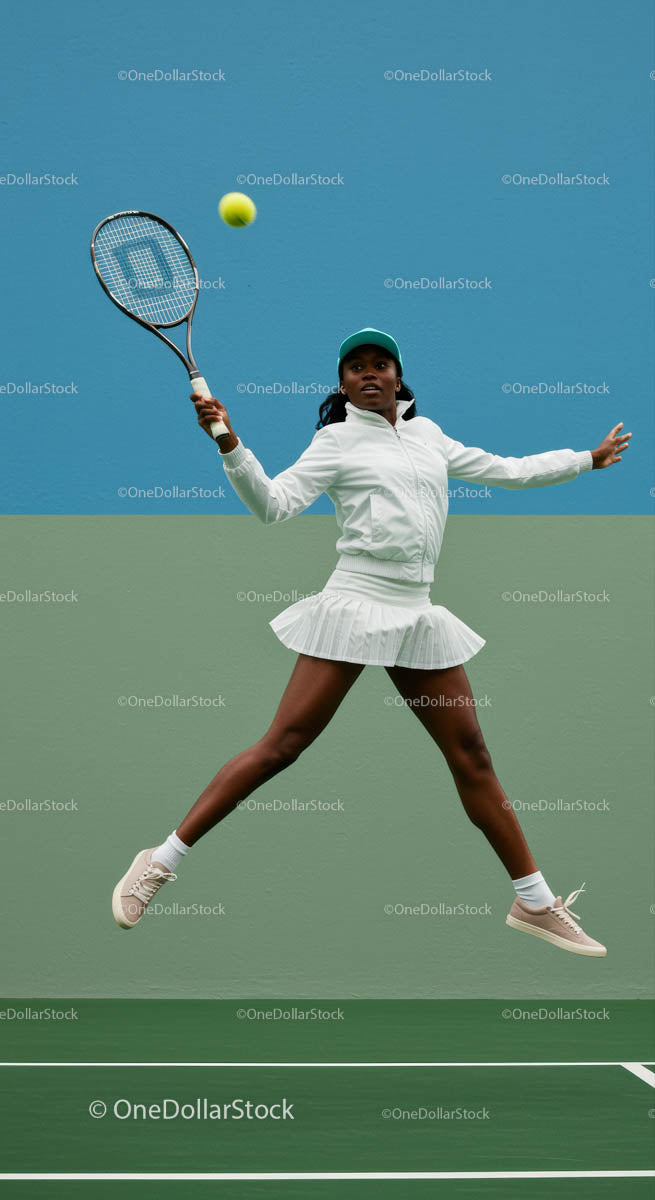 Female Tennis Player In Mid-Action on Green Court